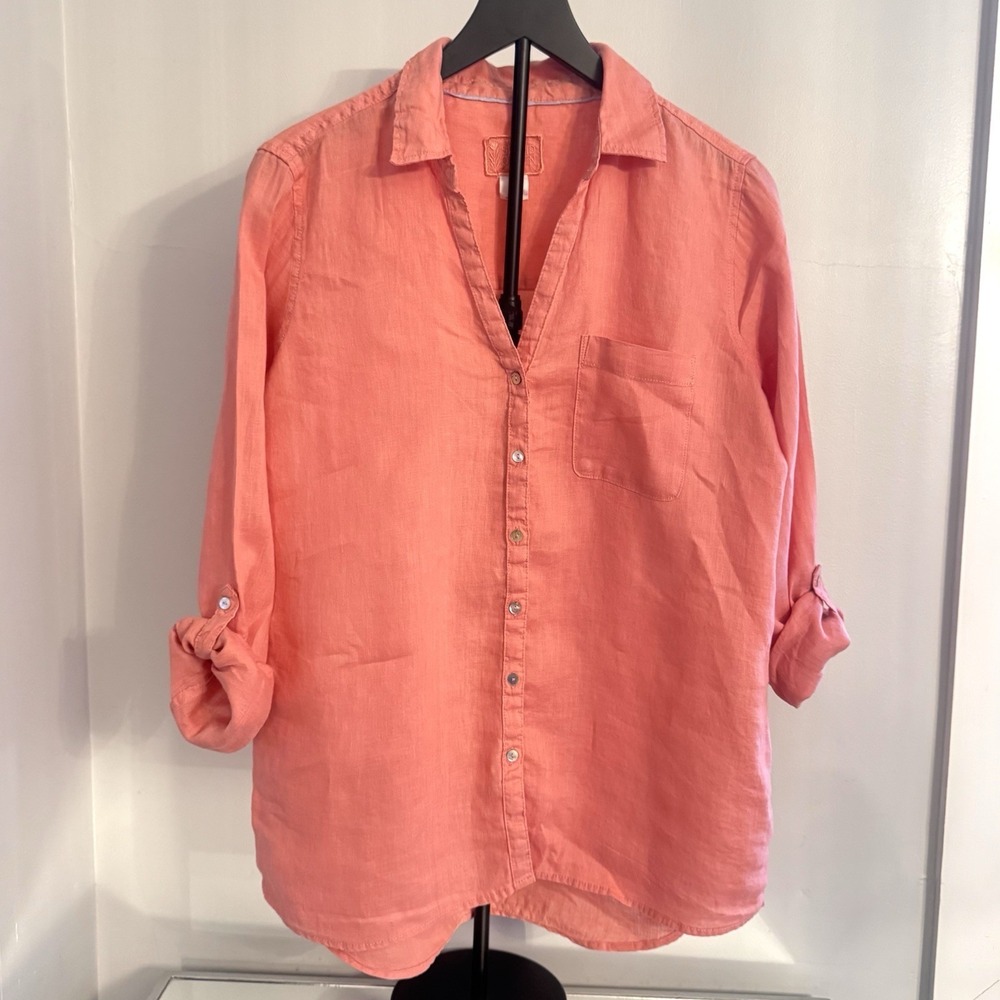 Sigrid Olsen Top Women Medium Coral 100% Linen Button Up Cruise Roll Tab Classic
